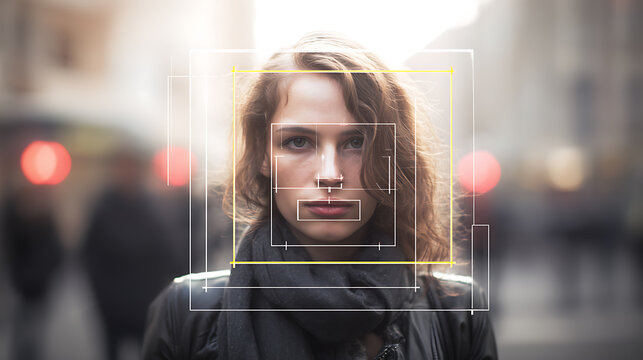 Woman with facial recognition overlay in urban setting