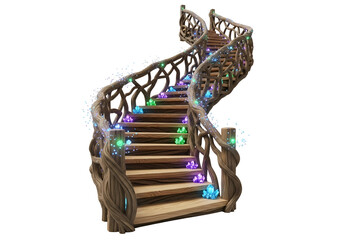 A spiraling wooden staircase, adorned with intricate, twisting branches, is accented with glowing gemstones.
