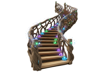 A spiraling wooden staircase, adorned with intricate, twisting branches, is accented with glowing gemstones.