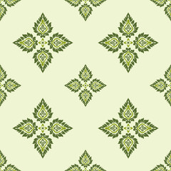 fabric pattern green leaves , Thai fabric pattern ,Ethnic abstract ikat art. Seamless pattern in tribal, folk embroidery, and Mexican style. Aztec geometric art ornament print.Design for carpet
