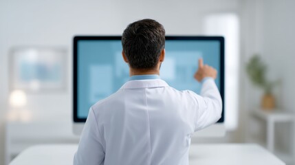Fototapeta premium A man in a white lab coat is pointing at a computer screen