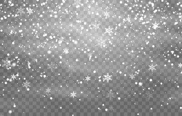 Vector falling snowflakes on png background. Vector heavy snowfall. White snowflakes flying in the air. Snow flakes, snow and blizzard. Christmas snow. Isolated on transparent background