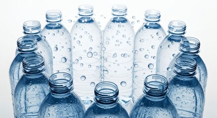Ten plastic bottles filled with water on white background, suitable for environmental, recycling, hydration, plastic pollution concept designs.