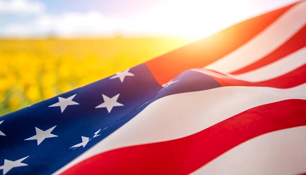 Veterans Day Tribute: Close-up view of an American flag waving gently in a bright, sunny field with warm colors, conveying a patriotic mood.