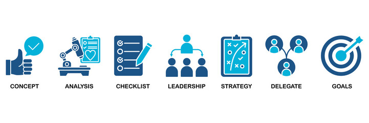 Planning icon set In Blue Monochrome Flat Design vector illustration concept for concept, analysis, checklist, leadership, strategy, delegate and goals