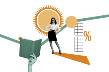 Composite photo collage of happy businesswoman stand graph development hand hold book education success isolated on painted background