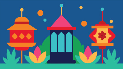 Fototapeta premium Colorful minimalist islamic lanterns illustration festive night sky with stars and foliage