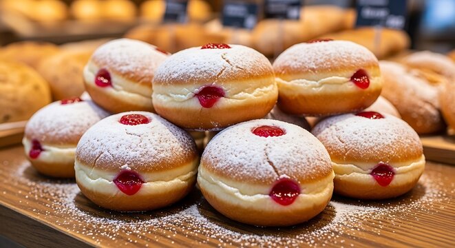 Stacked jelly-filled doughnuts, dusted with powdered sugar, are displayed on a wooden surface.