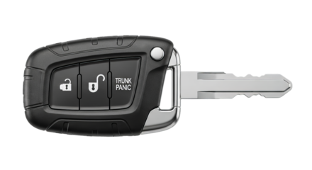 Modern car key remote, offering secure vehicle access with a physical blade and intuitive buttons for convenient locking, unlocking, and remote trunk operation