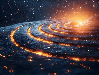 Obraz premium Abstract cosmic rings with glowing orange energy resembling planetary orbits or a galaxy s accretion disk in deep space