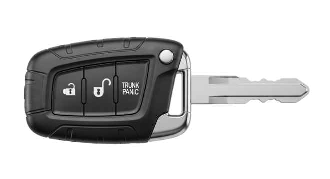 Modern car key remote, offering secure vehicle access with a physical blade and intuitive buttons for convenient locking, unlocking, and remote trunk operation