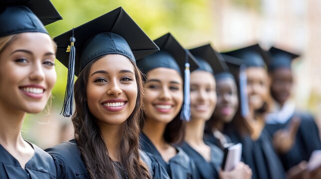 A diverse group of graduates in caps and gowns, standing in a row, smiling and holding diplomas. The setting appears to be an outdoor campus or graduation ceremony. - Powered by Adobe