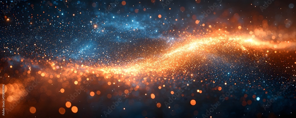 Wall mural abstract cosmic swirl of glowing orange and blue particles and bokeh lights creating a celestial bac