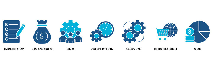 ERP banner web icon vector illustration concept for enterprise resource planning with icon of inventory, financials, hrm, production, service, purchasing, and mrp
