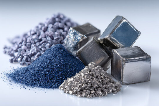 Rare strategic metals in various forms including shiny metallic cubes and granular powders in blue and silver colors, captured in detailed macro photography with clean background