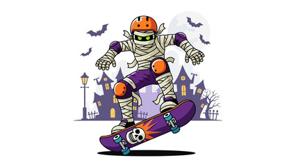 Halloween Skateboarding Mummy: A mummy, complete with bandages, helmet, and knee pads, confidently rides a skateboard in a vibrant illustration.