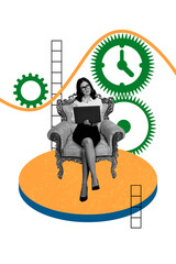 Vertical photo collage of happy freelancer girl sit armchair type laptop graph gears development time isolated on painted background