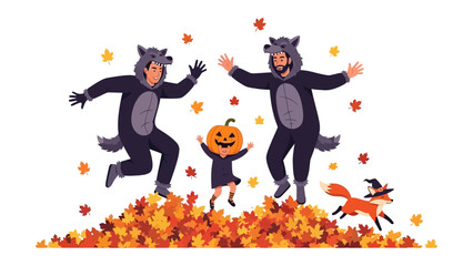 Halloween fun: A joyful illustration of a family and fox immersed in the spirit of Halloween, capturing the essence of autumn with costumes and a carved pumpkin.