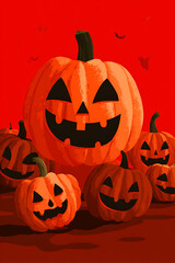 A vibrant Halloween scene featuring multiple carved pumpkins against a striking red background