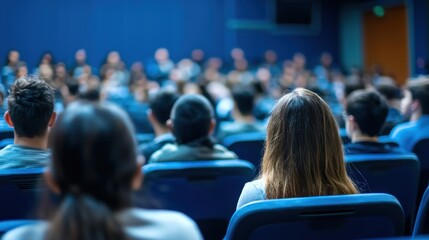 A group of people sitting in a blue auditorium, attentively listening to a presentation.