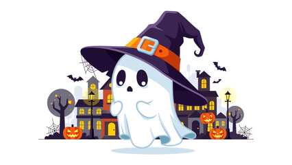 Halloween Ghostly Gathering: A charming ghost, adorned with a witch's hat, floats playfully against the backdrop of a spooky neighborhood. Surrounded by pumpkins and haunted houses.