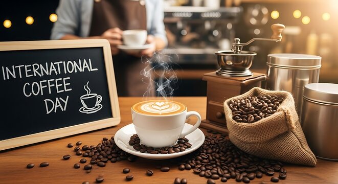 Celebrating international coffee day with fresh cappuccino, coffee beans, and barista in background