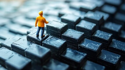 A miniature figure of a person in a yellow raincoat standing on a black keyboard.