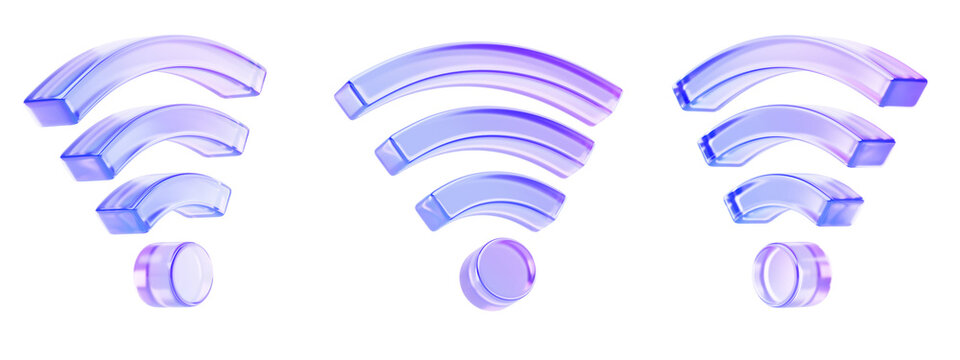 3d set of glass hologram wifi icon in different angles. Crystal light holographic signal radio waves internet connection wireless technology. Free Wi Fi symbol, router network spot