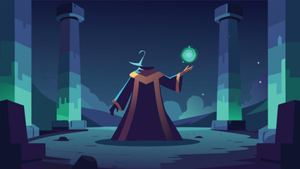 Obraz premium Mystical wizard casting spell ancient temple magical power sorcery enchantment ritual vector illustration
