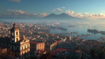 Obraz premium Breathtaking View of Naples with Mount Vesuvius and Tranquil Harbor at Sunrise