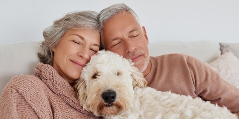 Man and woman are laying on a couch with a white dog