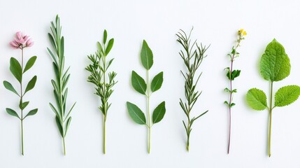 A collection of various herbs and leaves arranged in a row on a white background.
