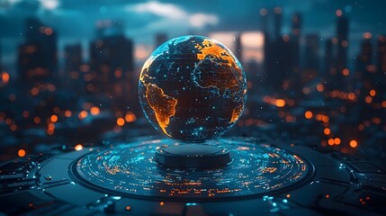 A futuristic digital globe hovers above a glowing circular technological platform in a blurred city at night
