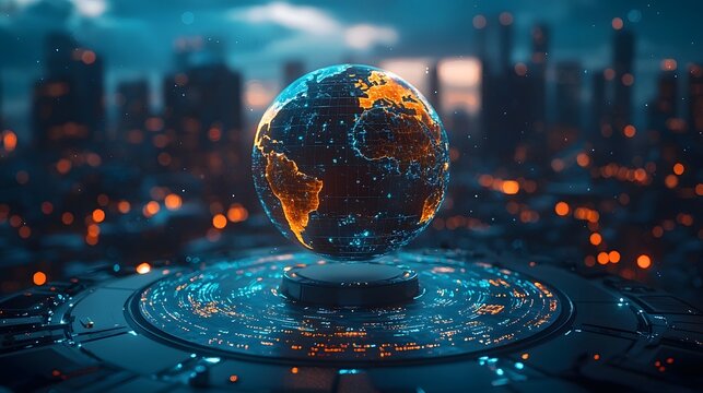 A futuristic digital globe hovers above a glowing circular technological platform in a blurred city at night - Powered by Adobe