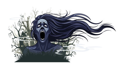 Screaming Spirit Illustration: A haunting, digital illustration depicts a spectral entity with flowing hair, mouth agape in a chilling scream, set against an eerie backdrop of a misty graveyard.