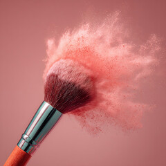 Makeup Brush With Pink Powder Burst on Solid Background