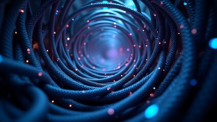 Dynamic Flow of Digital Information Through an Abstract Fiber Optic Network Tunnel with Glowing Data Points