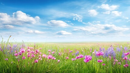 Meadow flowers with chamomile and wild peas under blue sky, a serene pastoral scene of natural beauty
