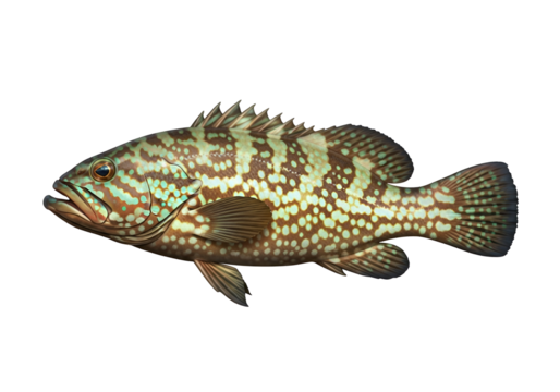 Detailed illustration of a spotted fish, showcasing intricate patterns and a rich color palette against a stark black background.