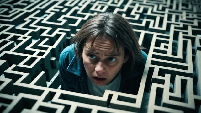 A person trapped in a labyrinth looks directly at the viewer