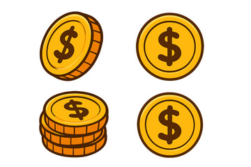 Vector cartoon gold coin icon set. Dollar sign money symbol for finance, investment, and payment. Golden currency illustration. Stack of cash for business profit and wealth.