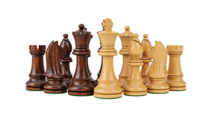 A collection of classic wooden chess pieces for both the black and white sides, elegantly arranged as a group and isolated on a clean white studio background