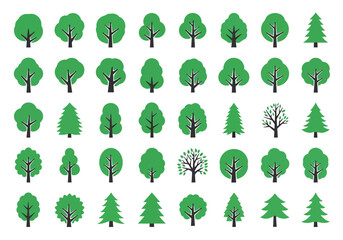 Vector art of a collection of various green trees and pine trees in different shapes and sizes, neatly arranged in rows on a