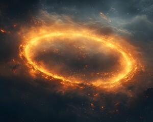 A vibrant orange ring of cosmic energy glows brightly in a dark star filled nebula
