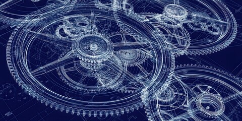 Blueprint & Motion Mix concept. Blueprint of intricate gears and cogs on a dark background.