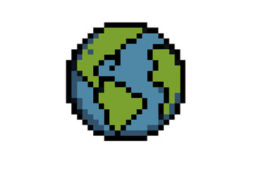 Pixel art Earth icon. 8-bit planet globe for retro video games. Environment, ecology, and nature concept. World symbol for global conservation, climate change, and earth day.