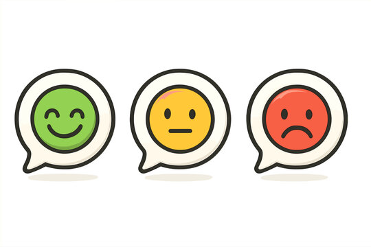 Customer review icon set. Feedback emoticons for satisfaction rating. Happy, neutral, sad face in speech bubble. Survey poll symbol. Positive, negative opinion vector.