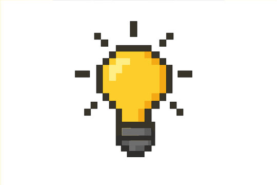 Light bulb pixel art icon. Concept of idea, solution, and creativity. Retro 8-bit video game style graphic. Electric lamp symbol of energy and innovation. Isolated vector.