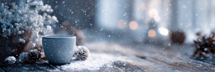 White cup with a snowflake on it sits on a table