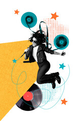 Fototapeta na wymiar Vertical photo collage of happy girl jump stage karaoke retro event vinyl plate cassette song music occasion isolated on painted background